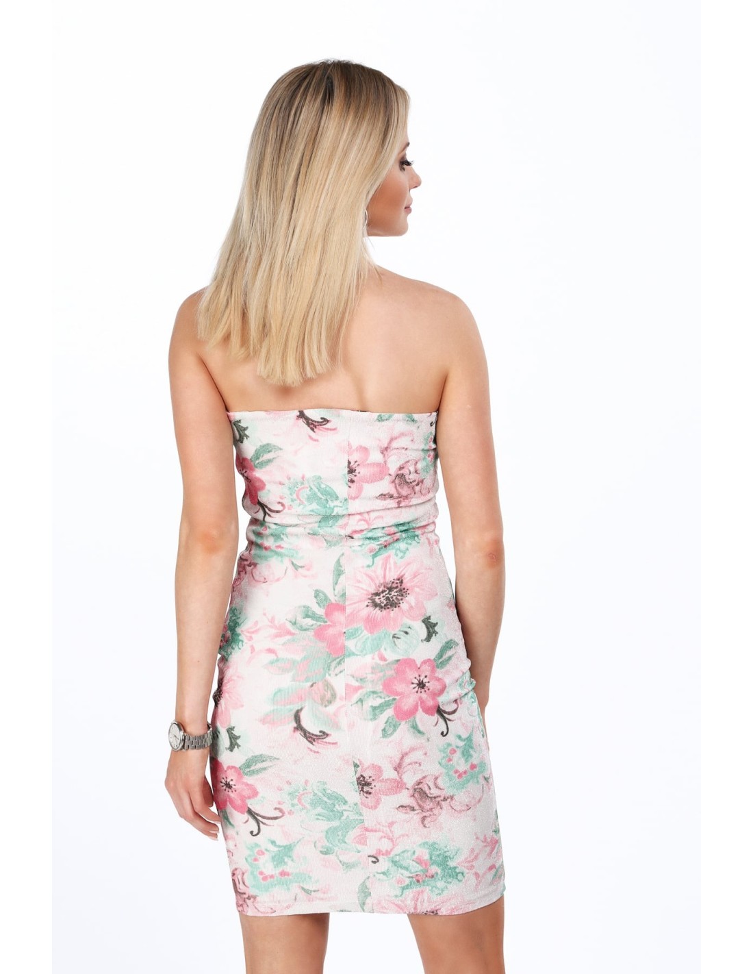 Tailliertes, elegantes Kleid mit rosa Blumen MP60389 – Online-Shop – Boutique